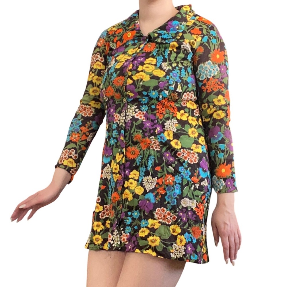 Vintage 70s Retro Dark Floral Button Front Long Sleeve Mini Dress Orange Blue - Picture 2 of 16